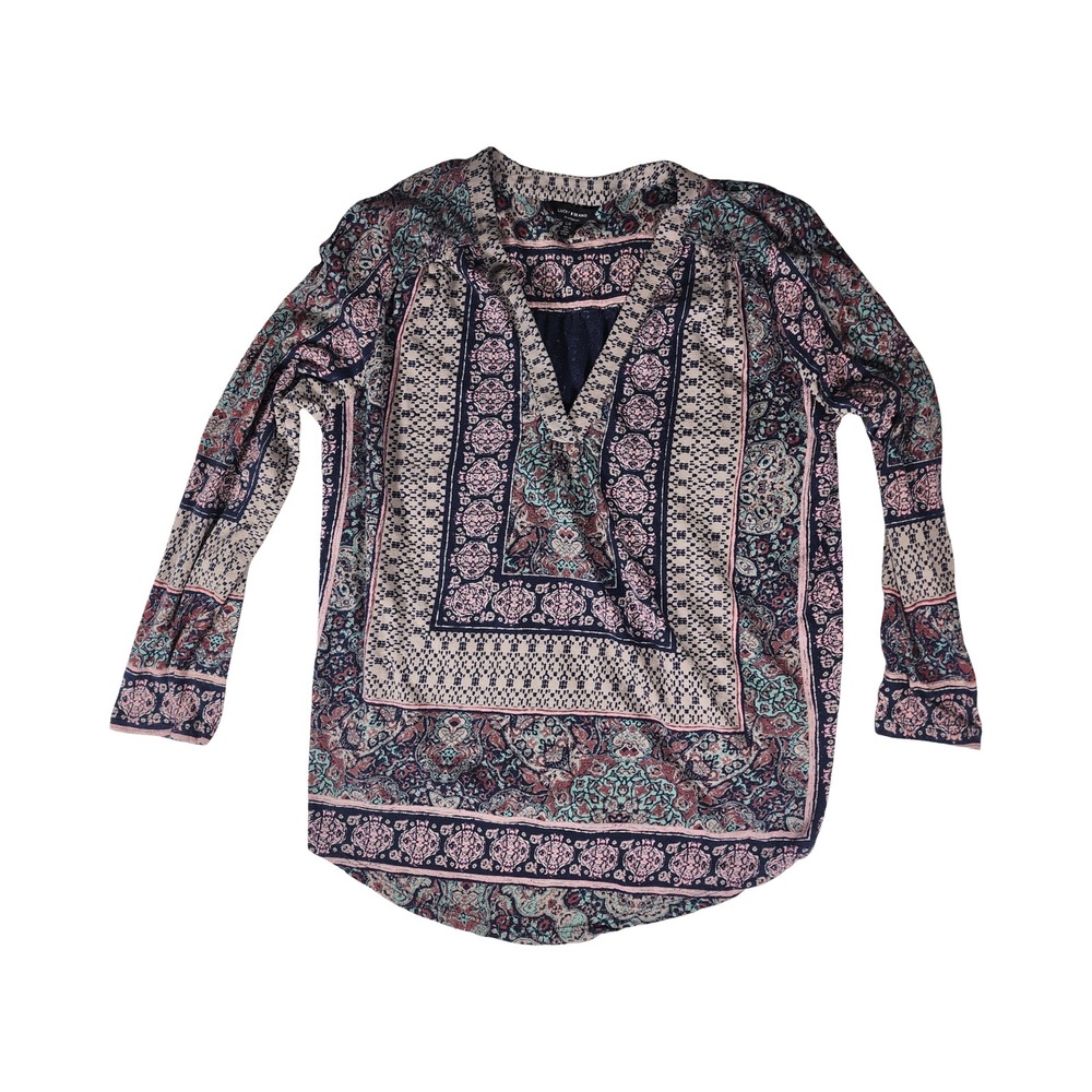 Lucky Brand Womens Large Navy Pink Paisley Boho V-Neck Long Sleeve Blouse Top